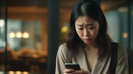 A young busy stressed upset Asian businesswoman looking at her smartphone feeling tired and frustrated reading bad news on the financial market while working in the office. AI Generative - obrazy, fototapety, plakaty