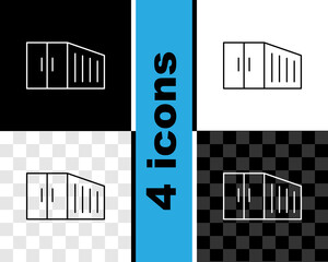 Set line Container icon isolated on black and white, transparent background. Crane lifts a container with cargo. Vector