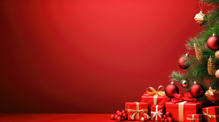 Fototapeta na wymiar Merry Christmas banner with red gift boxes, green tree branches and golden decoration. Happy new year background. Copy space.