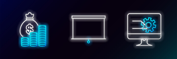 Set line Computer monitor with graph chart, Money bag and coin and Chalkboard icon. Glowing neon. Vector