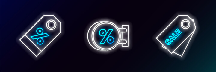 Set line Price tag with an inscription Sale, Discount percent and Signboard hanging discount icon. Glowing neon. Vector