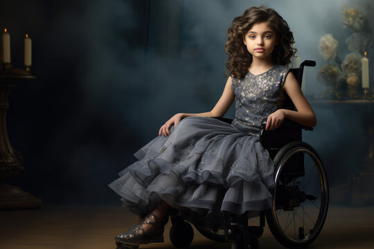 a beautiful handicapped kid girl sitting in a wheelchair