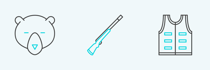 Set line Hunting jacket, Bear head and gun icon. Vector