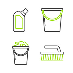 Set line Brush for cleaning, Bucket with foam and bubbles, and Plastic bottles liquid dishwashing liquid icon. Vector