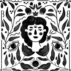 Black and white poster with young woman, florals and eyes, modern witch, halloween, ink drawing, magic festives