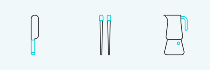Set line Moka pot, Knife and Food chopsticks icon. Vector