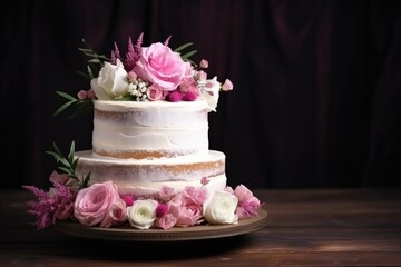beautiful tasty wedding cake docorated with flowers on wooden table