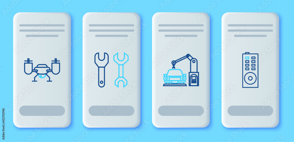 Poster set line spanner, industrial machine robotic robot arm hand, drone flying with action camera and rem