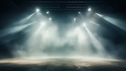 Foto op Plexiglas stage fog, smoke in the background light of theater spotlights on an empty stage, illuminated podium in the hall © kichigin19