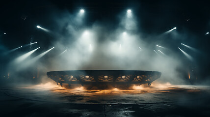 stage fog, smoke in the background light of theater spotlights on an empty stage, illuminated podium in the hall - obrazy, fototapety, plakaty