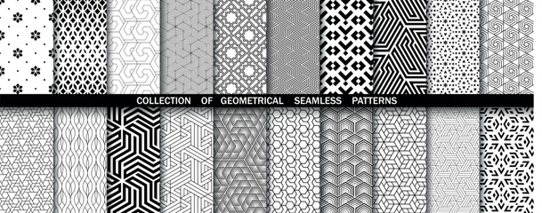 Geometric set of seamless black and white patterns. Simple vector graphics