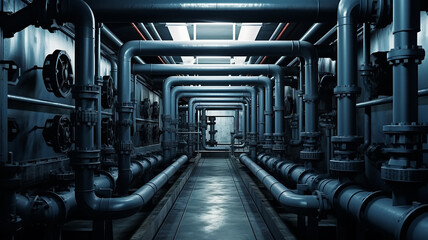 multiple pipes in production, a pipeline in a factory in an industrial room