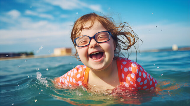 Disabled girl having fun in the sea. Generative AI