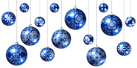 Christmas baubles, transparent PNG design elements. 3D render. Blue and silver.