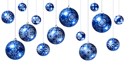Christmas baubles, transparent PNG design elements. 3D render. Blue and silver.