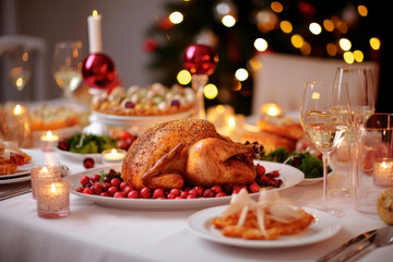 Festive Christmas Dinner: Roast Chicken or Turkey on a Beautifully Decorated Table

