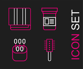 Set line Hairbrush, Cotton swab for ears, Medicine bottle and Towel stack icon. Vector