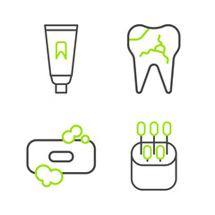 Set line Cotton swab for ears, Bar of soap, Broken tooth and Tube toothpaste icon. Vector