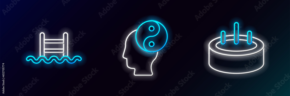 Wall mural Set line Swimming pool with ladder, and Yin Yang icon. Glowing neon. Vector