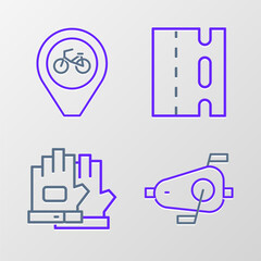 Set line Bicycle pedals, Gloves, lane and Location with bicycle icon. Vector