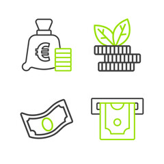 Set line ATM and money, Stacks paper cash, Dollar plant and Coin with euro symbol icon. Vector