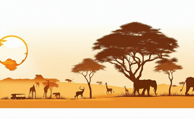 Silhouette of animals of the African savannah. Lions give out among the trees. Landscape of wild nature. Africa. Generative AI, Generative, AI