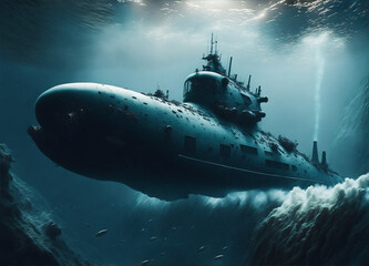 Military submarine submerge underwater during a mission. Generative AI, Generative, AI