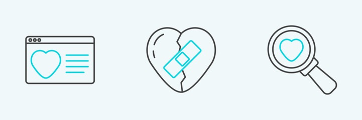 Set line Search heart and love, Dating app online and Healed broken icon. Vector