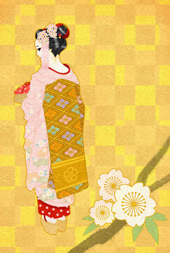 だらりの帯が素敵な舞妓さんの年賀状（桜）テキストなし・背景金箔風