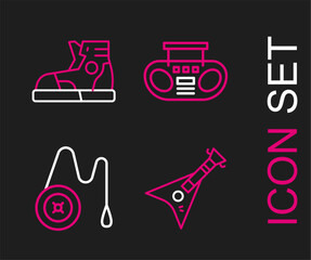 Set line Electric bass guitar, Yoyo toy, Home stereo with two speakers and Sport sneakers icon. Vector