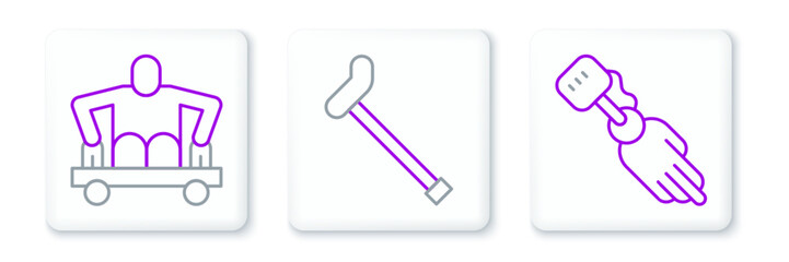 Set line Prosthesis hand, Man without legs sitting wheelchair and Walking stick cane icon. Vector