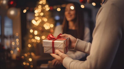 couple in love giving each other gifts at christmas - obrazy, fototapety, plakaty