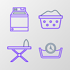 Set line Time wash, Iron and ironing board, Basin with soap suds and Washer icon. Vector