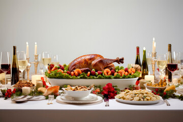 Festive Christmas Dinner: Roast Chicken or Turkey on a Beautifully Decorated Table

