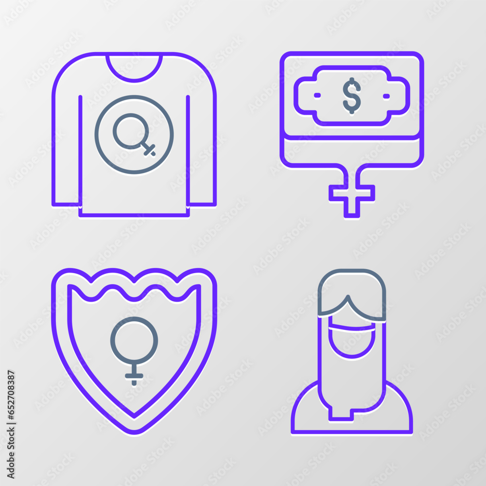 Sticker Set line Muslim woman in hijab, Gender shield, Female, Money growth and Feminist shirt icon. Vector