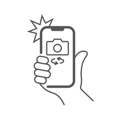 Photo on smartphone with flash, hand is holding smartphone and doing photo. Camera viewfinder, hand and flash. EPS 10