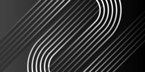 Gray Abstract metalic geometric lines on dark background. Modern shiny Gray gradient diagonal rounded lines pattern. Futuristic technology concept. Vector illustration. Suit for poster, cover, banner