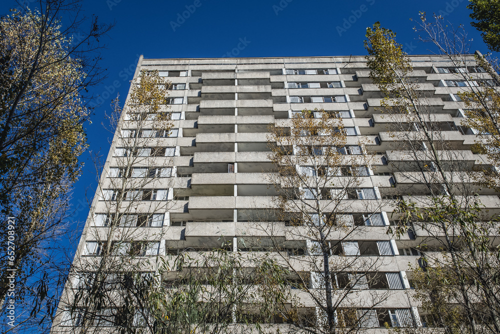 Sticker Facade of 16-story residential building in Pripyat ghost city in Chernobyl Exclusion Zone, Ukraine