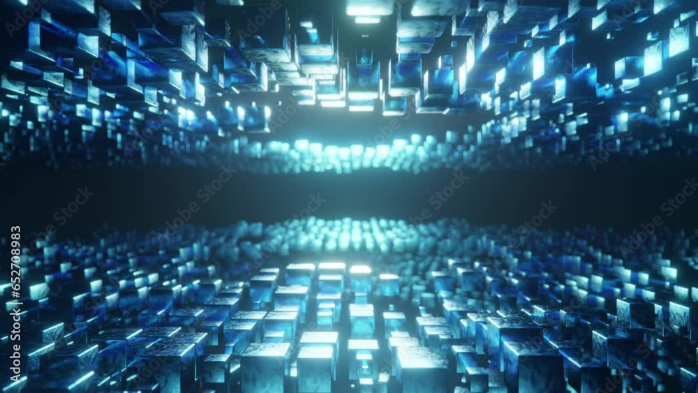Poster blue motion graphics hi tech form, A cubic array of square blocks of information data fields. Blockchain abstract idea, artificial intelligence coding technology concept, 3d rendering illustration
