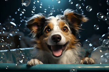 A dog bathes in a bath with soap bubbles on a blue background 1