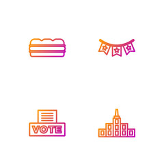 Set line City landscape, Vote box, Sandwich and Carnival garland with flags. Gradient color icons. Vector