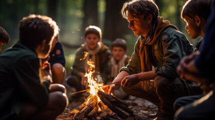 Fototapeta na wymiar Group of boys scouts on an adventurous camping trip, learning essential outdoor skills, like setting up camp, cooking over an open fire