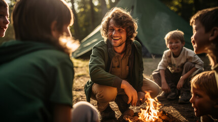 Group of boys scouts on an adventurous camping trip, learning essential outdoor skills, like setting up camp, cooking over an open fire