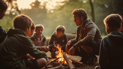 Group of boys scouts on an adventurous camping trip, learning essential outdoor skills, like setting up camp, cooking over an open fire - obrazy, fototapety, plakaty
