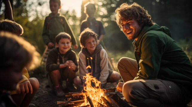 Group of boys scouts on an adventurous camping trip, learning essential outdoor skills, like setting up camp, cooking over an open fire