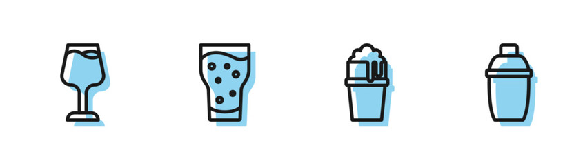 Set line Glass of beer, Wine glass, and Cocktail shaker icon. Vector