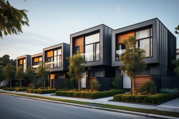 Modern modular private grey townhouses. Residential architecture exterior 
