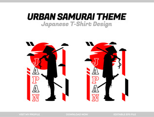 Urban Samurai with red moon t-shirt design. Samurai Vector Illustration. Silhouette japan samurai vector for design t-shirt concept.	