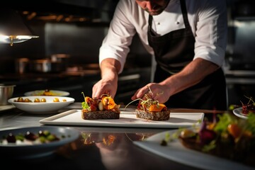 gourmet dish being prepared in a high-end restaurant kitchen