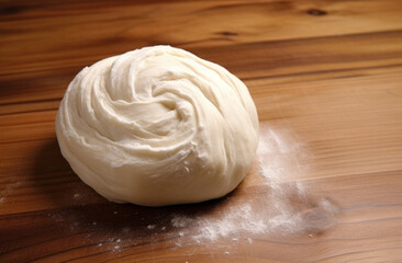 Fototapeta na wymiar Loaf of fresh bread on floured wooden table. Bread dough before baking.